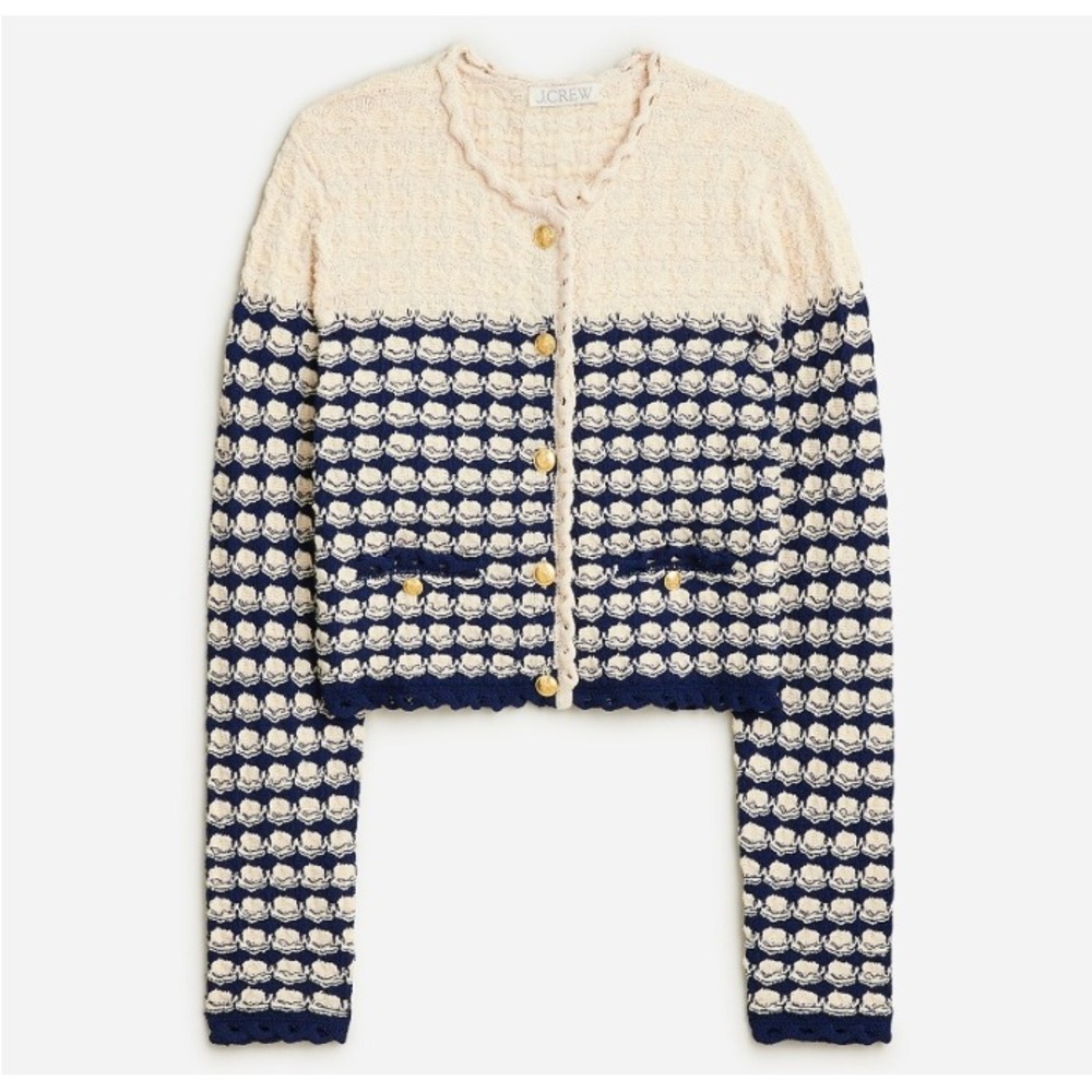 J.Crew L Textured Crochet Knit Lady Jacket Cream‎ Navy Gold Button Cardigan NWT
